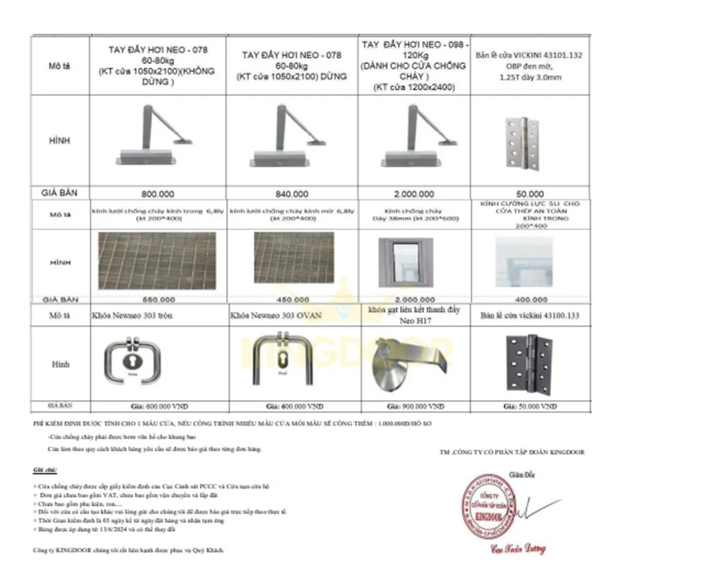 Bảng giá phụ kiện cửa thép chống cháy tại KingDoor